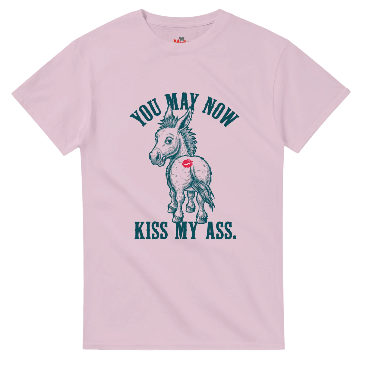 Pink t-shirt with a graphic of a donkey and text on a white background