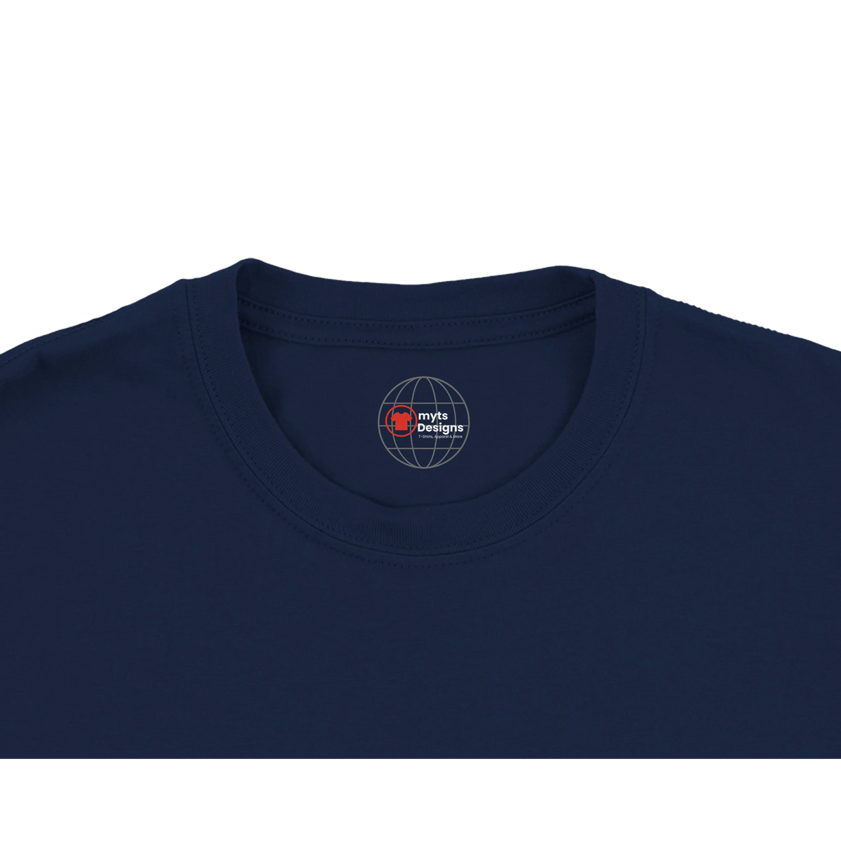 Navy blue t-shirt with a logo on the collar against a white background