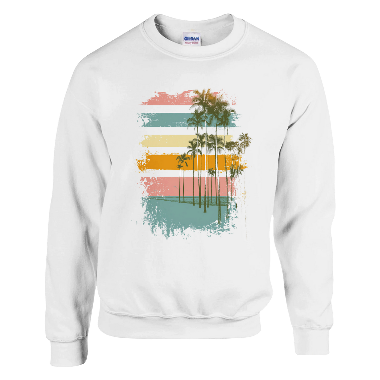 White sweatshirt with a colorful palm tree design on a white background