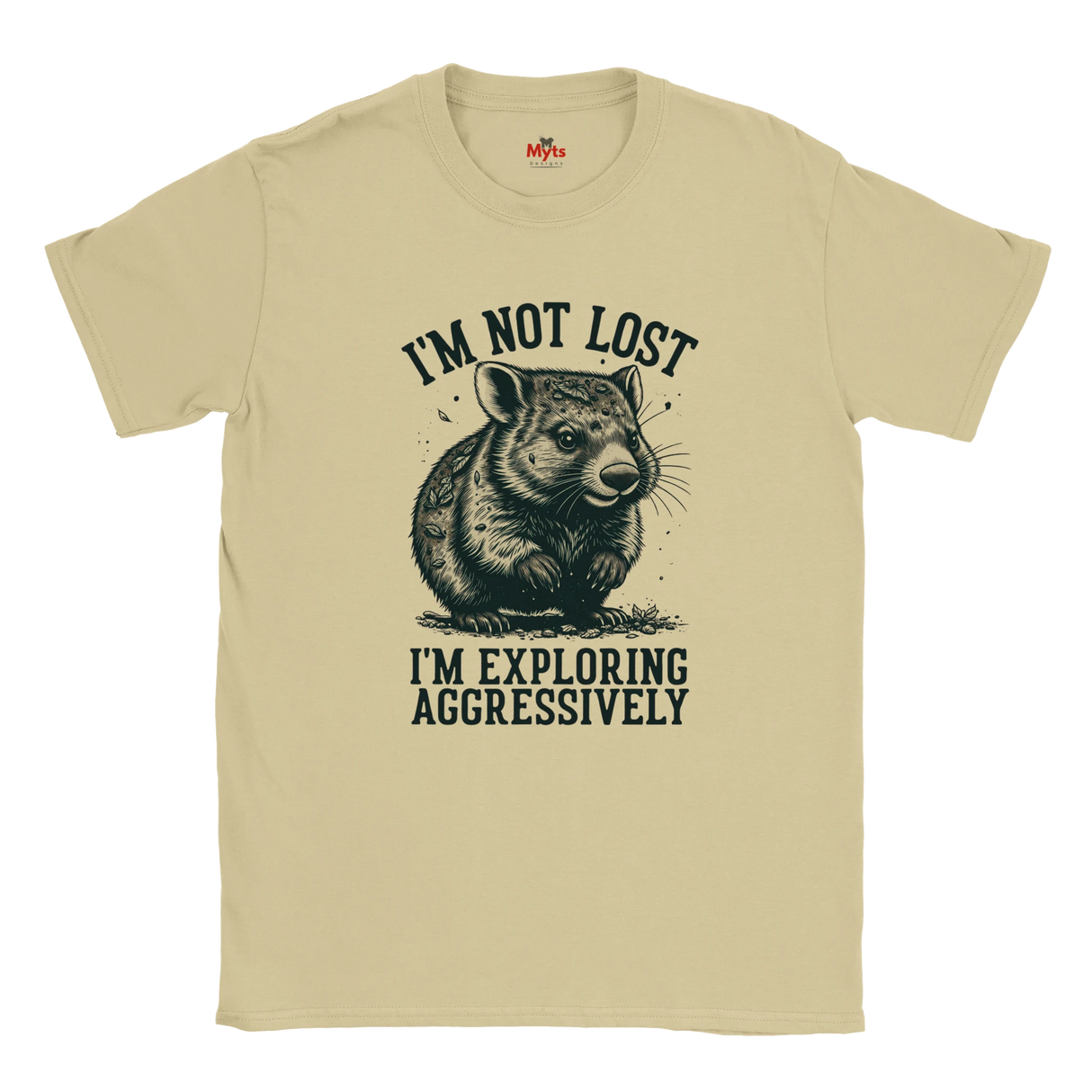 Natural t-shirt with a Wombat graphic and text on a white background