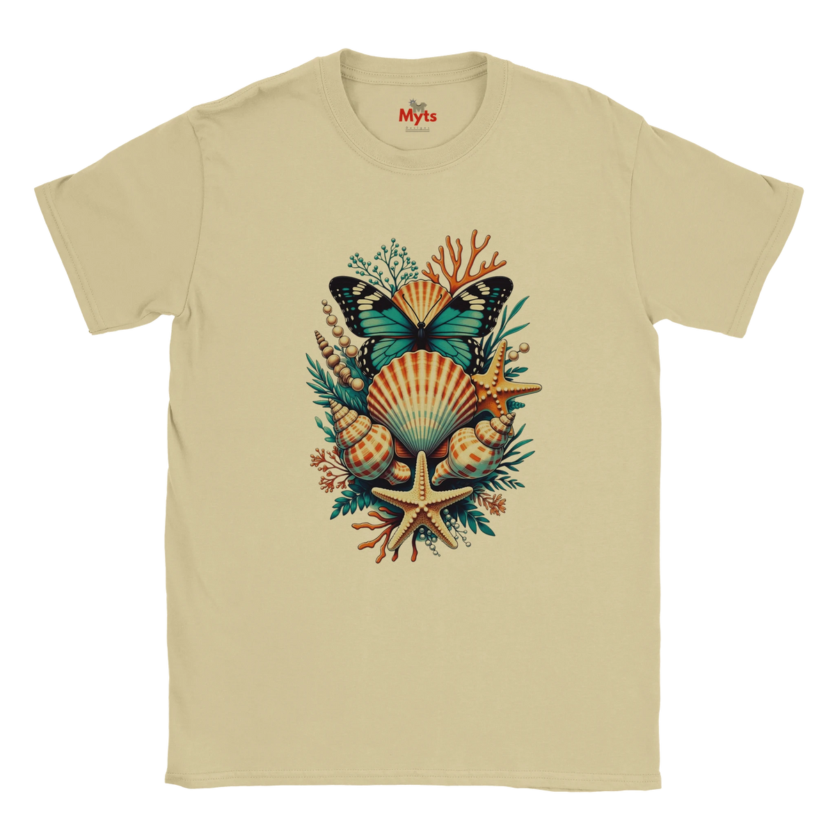 A Sand crewneck T-shirt featuring a colorful graphic print of a butterfly, seashells, starfish, and coral on the front, with the brand name 'The Myts' printed inside the collar.