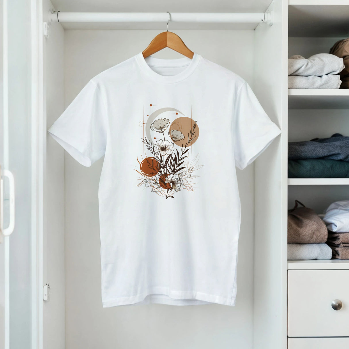 White t-shirt with floral design on a hanger in a closet