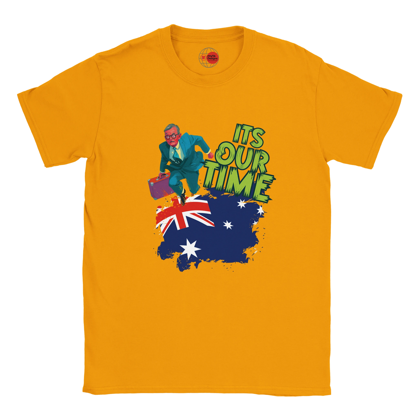 Gold t-shirt with a graphic of a man, an Australian flag, and 'It's Our Time' text on a white background