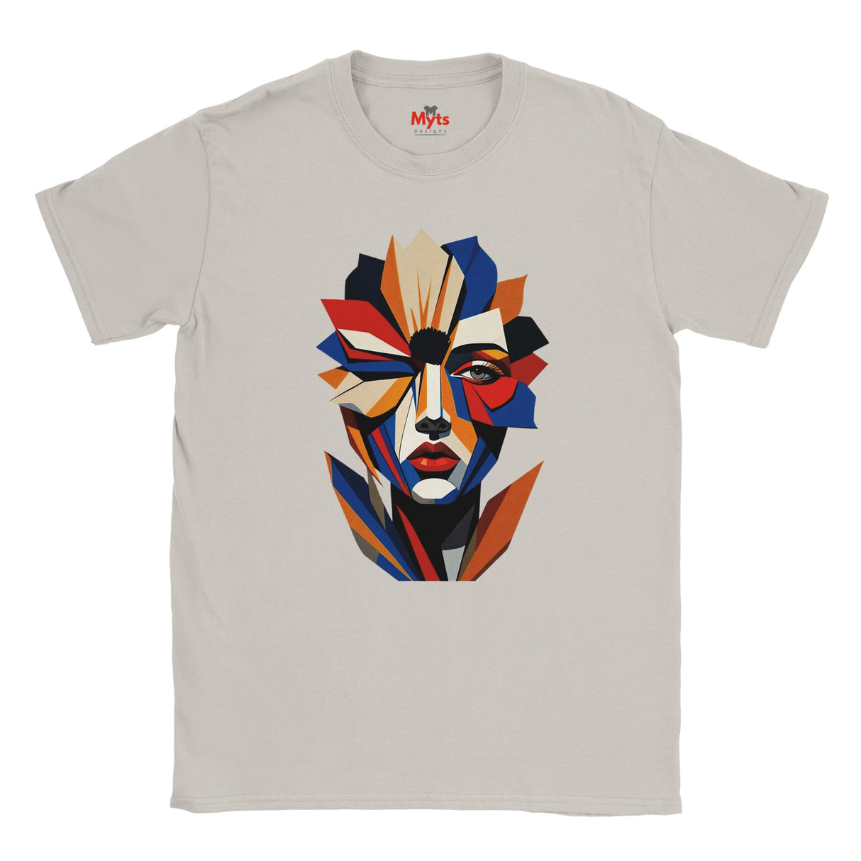 Abstract Geometric Face T-Shirt in Ice Grey — bold geometric portrait art graphic tee by Mytsdesigns