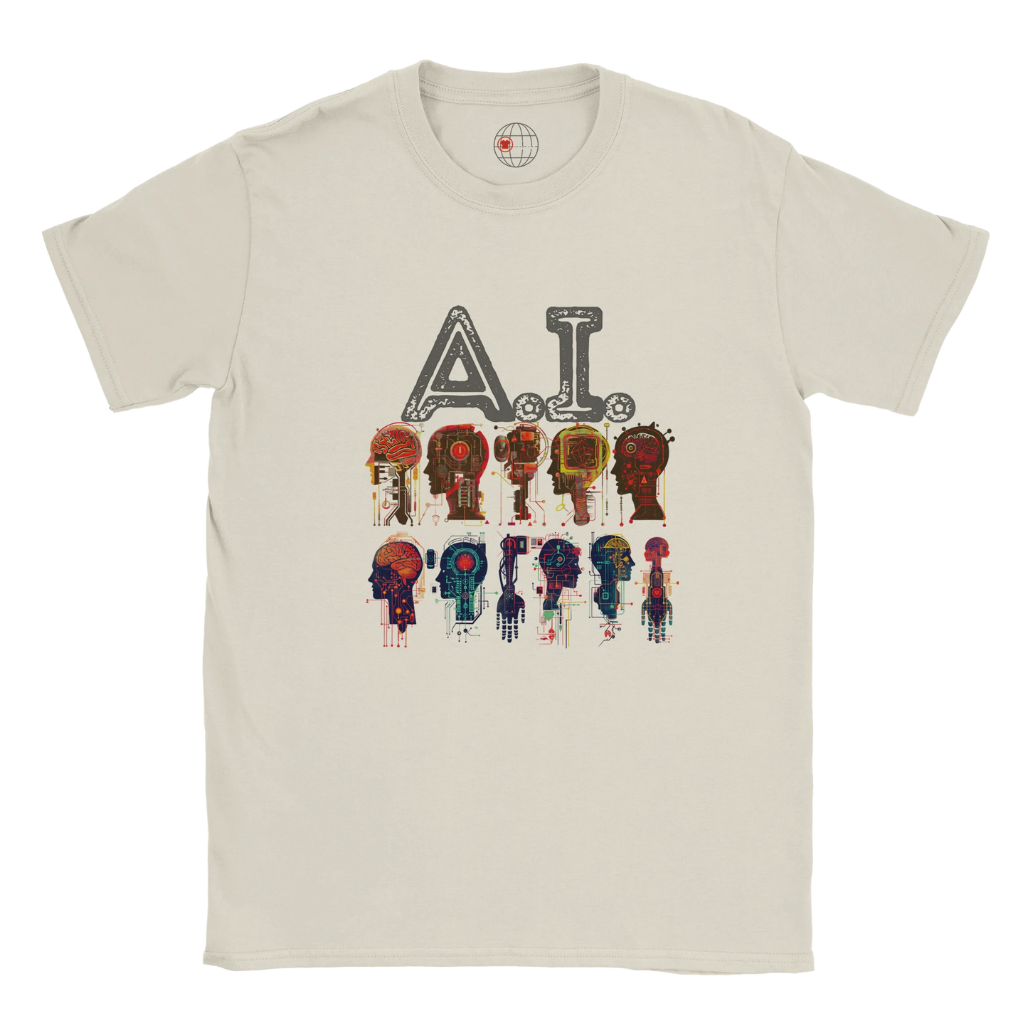 Beige t-shirt with 'A.I.' and colorful robot graphics on a white background