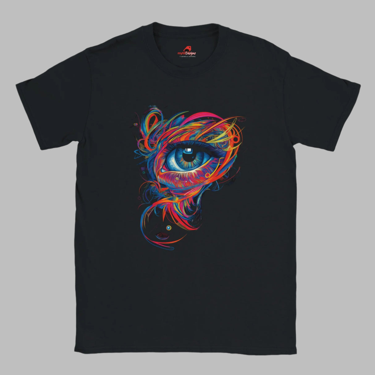 Front view of black T-shirt featuring mystical all-seeing eye with geometric sacred patterns – printed on soft Gildan cotton