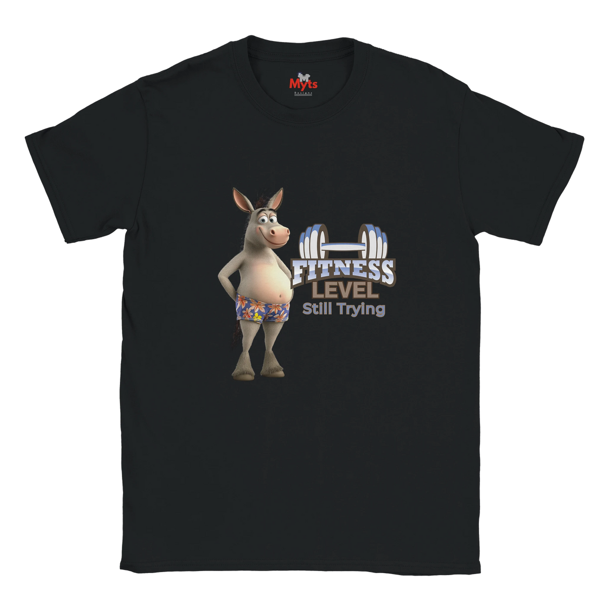 Black funny gym T-shirt with cartoon donkey in floral shorts, dumbbell graphic, and Fitness Level Still Trying slogan.