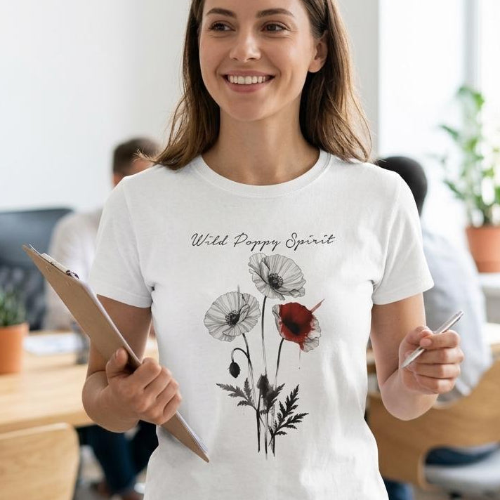 A woman standing in a bright office wearing a white graphic T-shirt with the text 'Wild Poppy Dream' and a floral print featuring black and red poppies. She is holding a clipboard and pen.