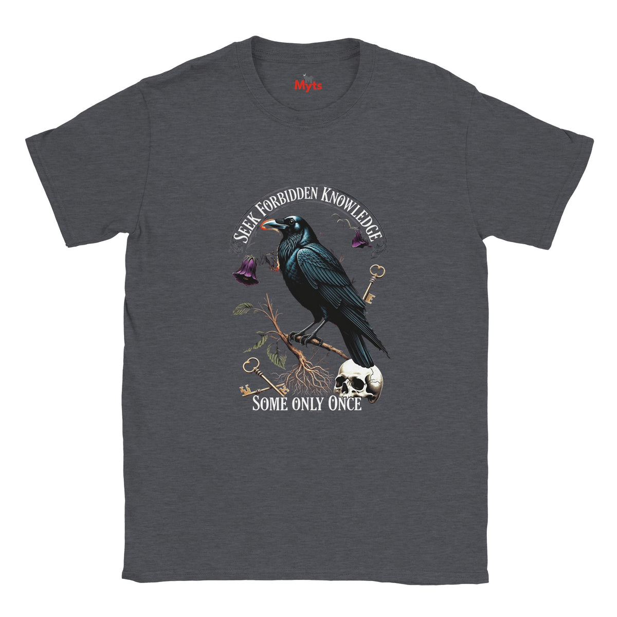 Dark gray t-shirt with a crow design and text on a white background