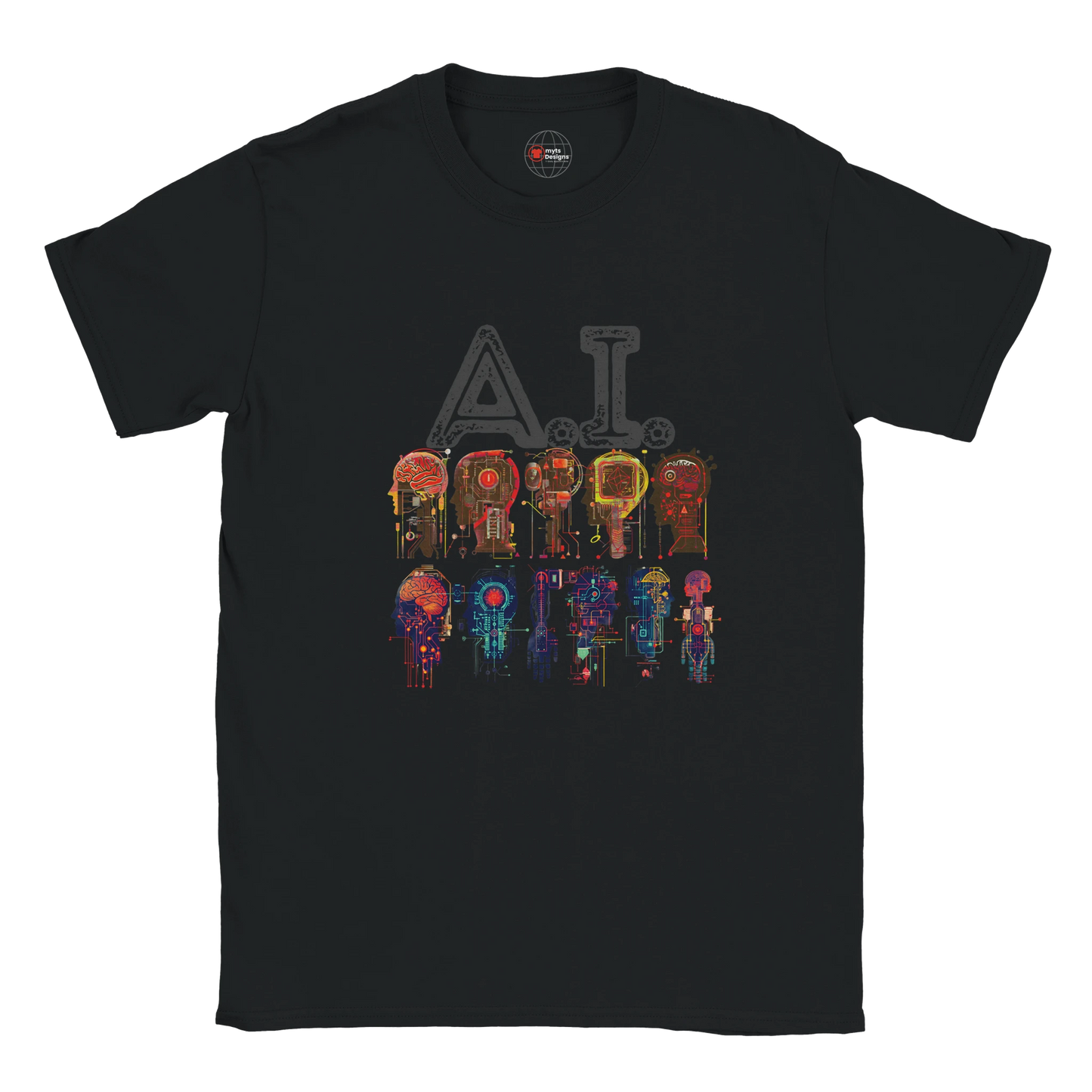 Black t-shirt with colorful robot graphic and 'AI' text on a white background