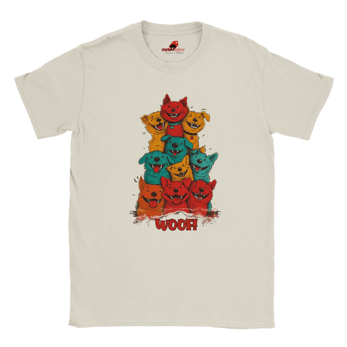 A flat lay white T-shirt featuring a vibrant graphic of cartoon puppies stacked in red, orange, blue, and yellow hues, with the playful text “WOOF!” below the design.
