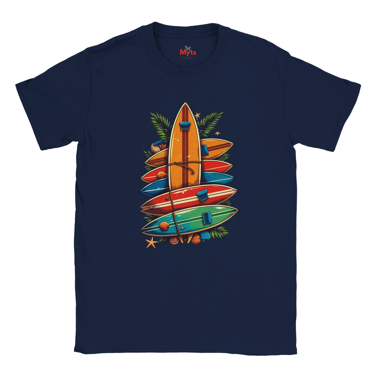 Navy blue t-shirt with colorful surfboard design on a white background