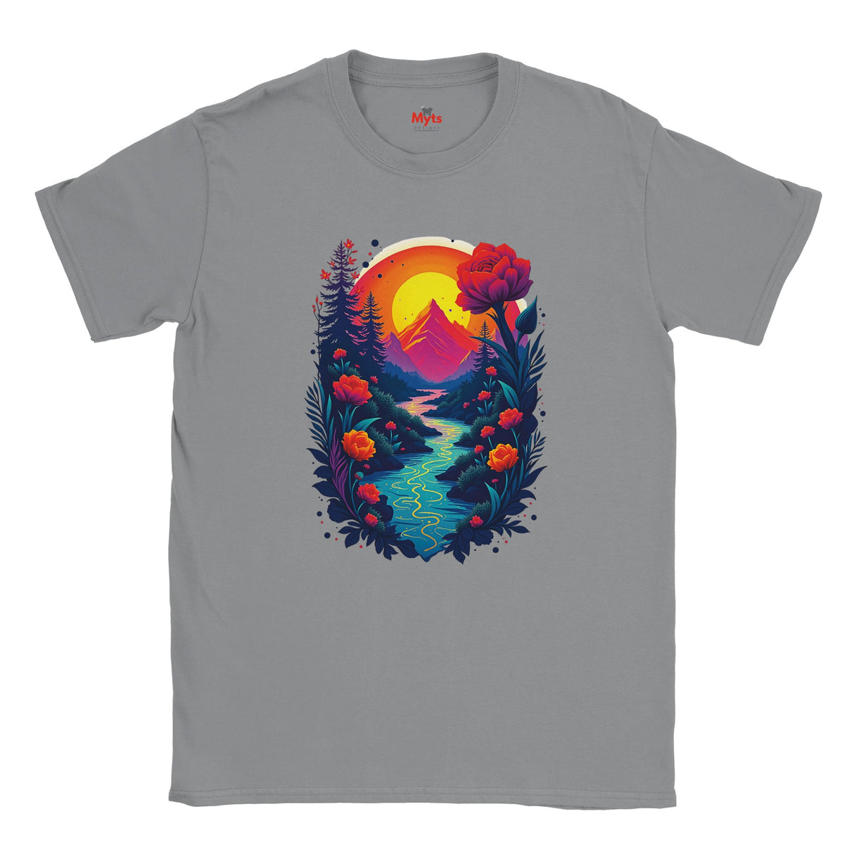 Gray t-shirt with a colorful nature graphic on a white background