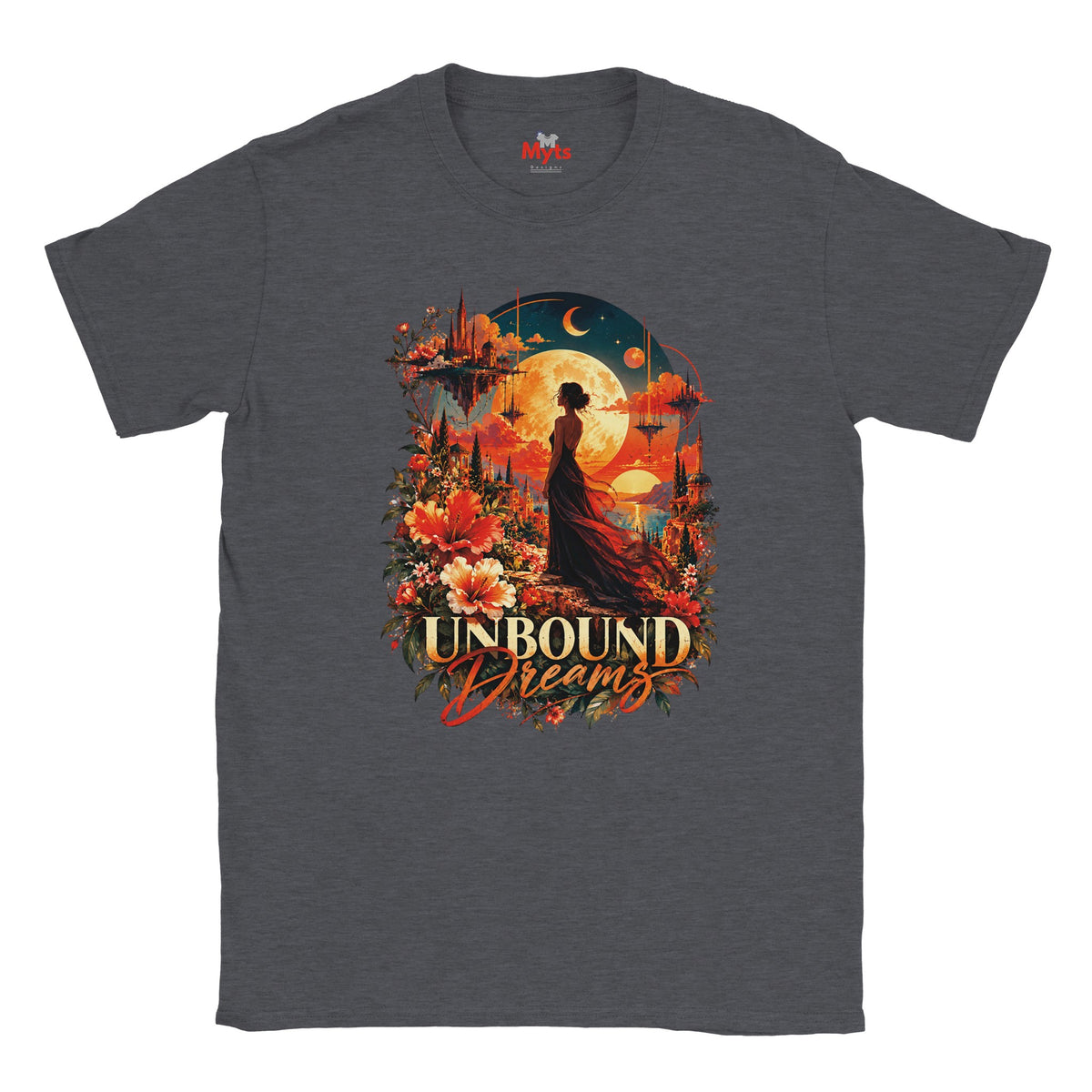 Dark Heather crew neck T-shirt featuring the Unbound Dreams fantasy moon and floral graphic design.