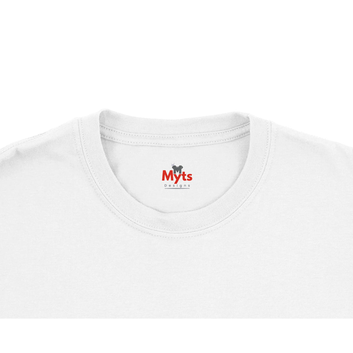 White t-shirt with 'Myts' logo on a white background