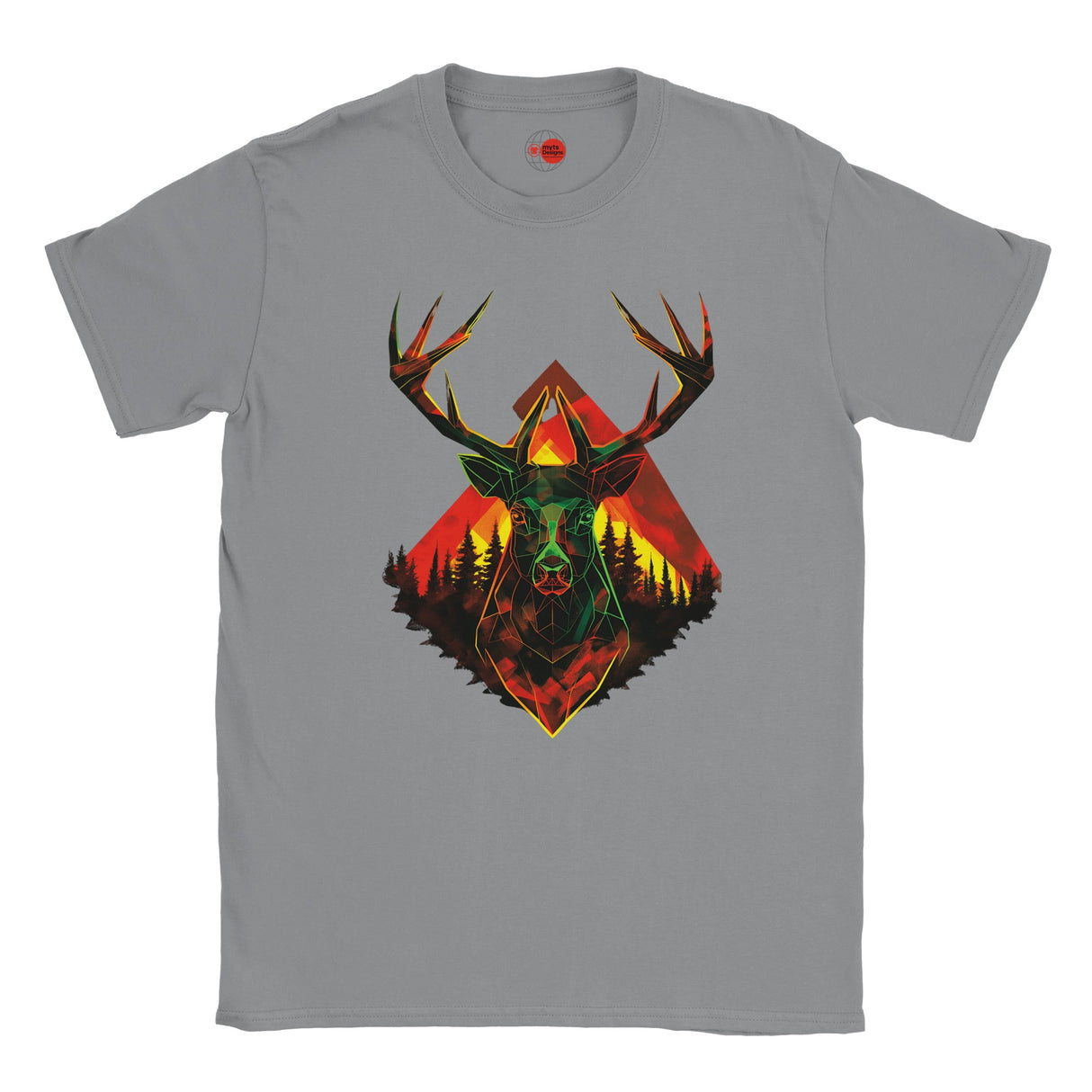 Gray t-shirt with a colorful deer head design on a white background