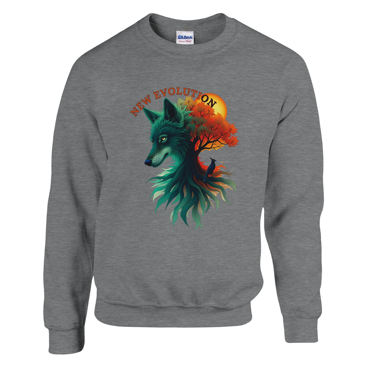 A heather gray crewneck sweatshirt featuring a colorful graphic of a wolf's head merging with a tree and sun, with the text 'NEW EVOLUTION' above it. A Gildan brand tag is visible inside the collar.