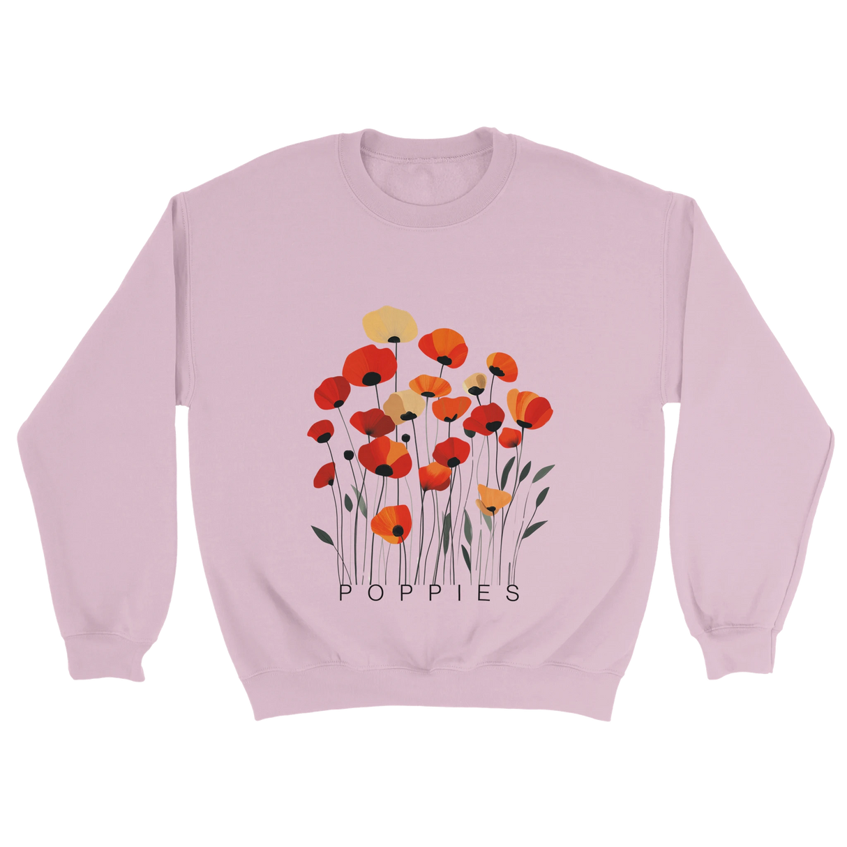 A Pink sweatshirt featuring a minimalist poppy flower design. The graphic displays red, orange, and muted gold poppies with slender stems and leaves, and the word “POPPiES” printed beneath. The cozy, casual outfit has a soft, modern aesthetic ideal for floral and nature-inspired fashion.