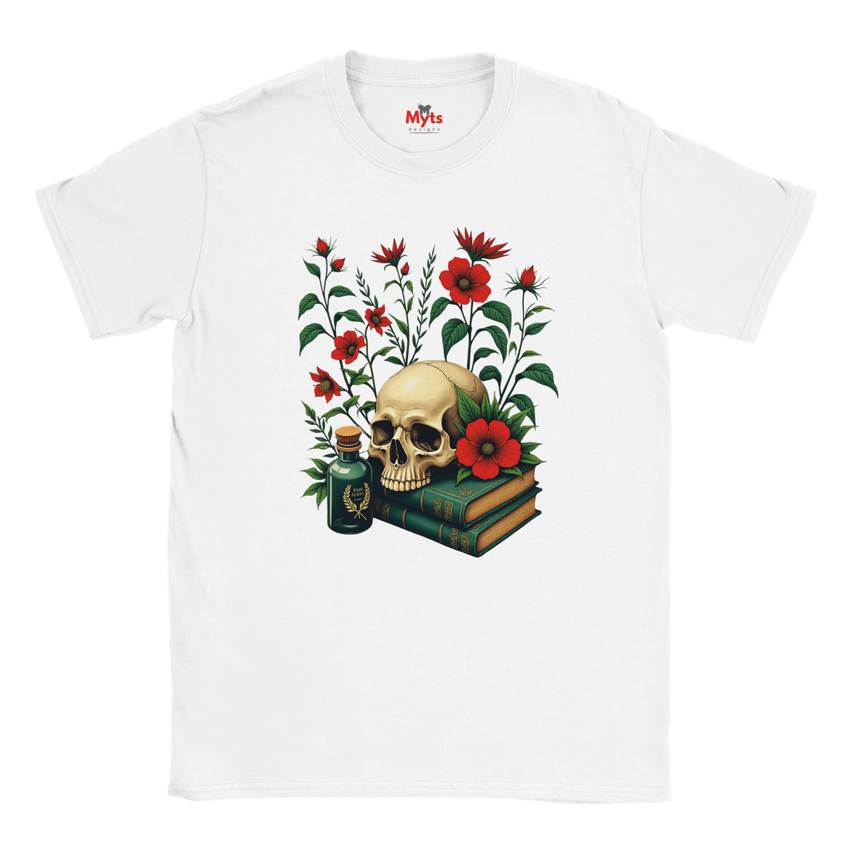 White t-shirt with a skull and floral design on a white background