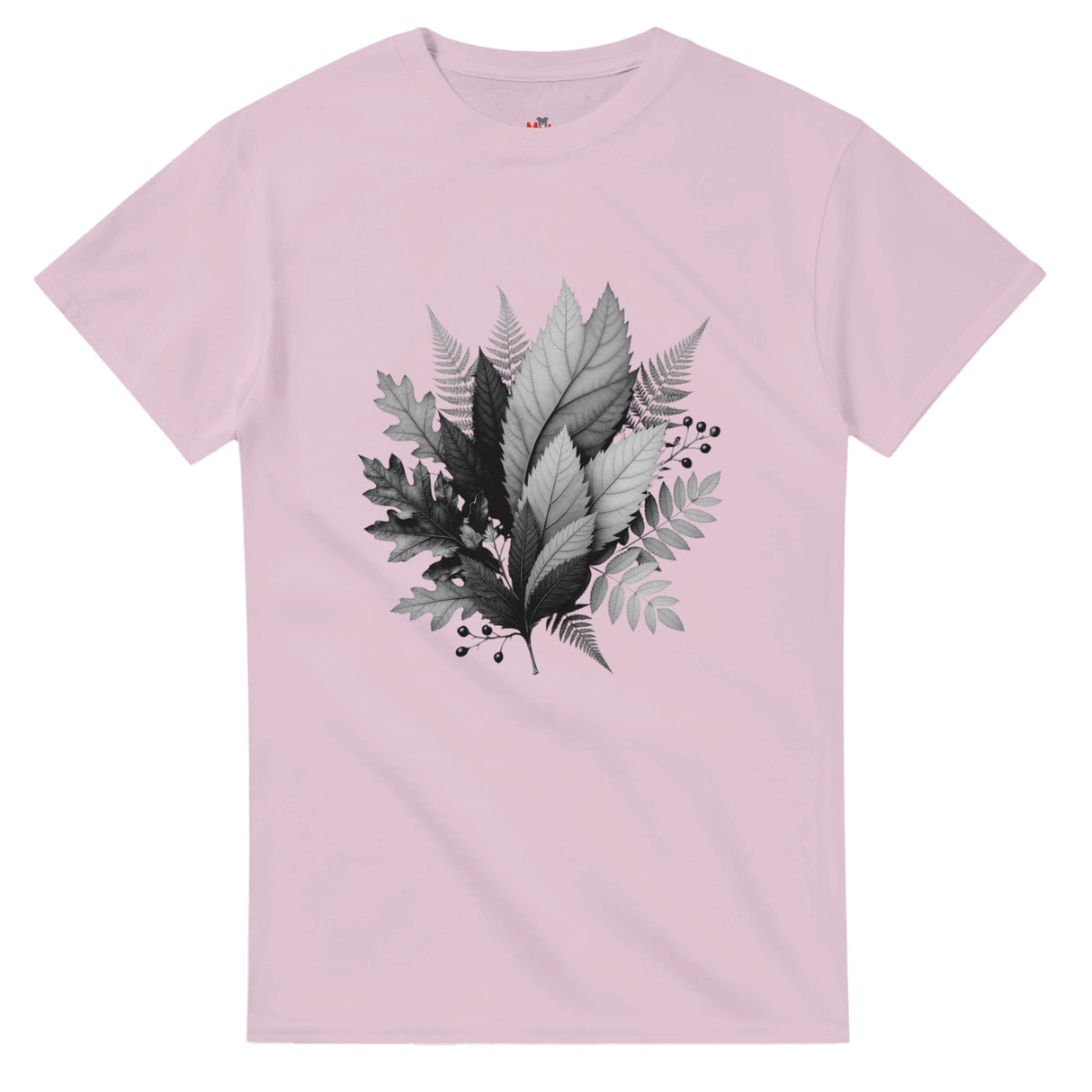 Pink t-shirt with leaf design on a white background