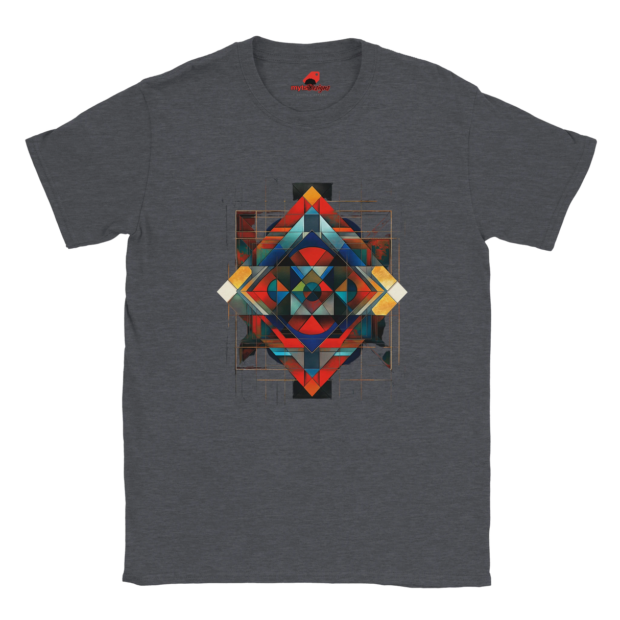 Dark heather unisex T-shirt featuring an intricate symmetrical geometric pattern in vibrant blues, oranges, reds, and metallic tones, tribal and modern art fusion design by MytsDesigns.com