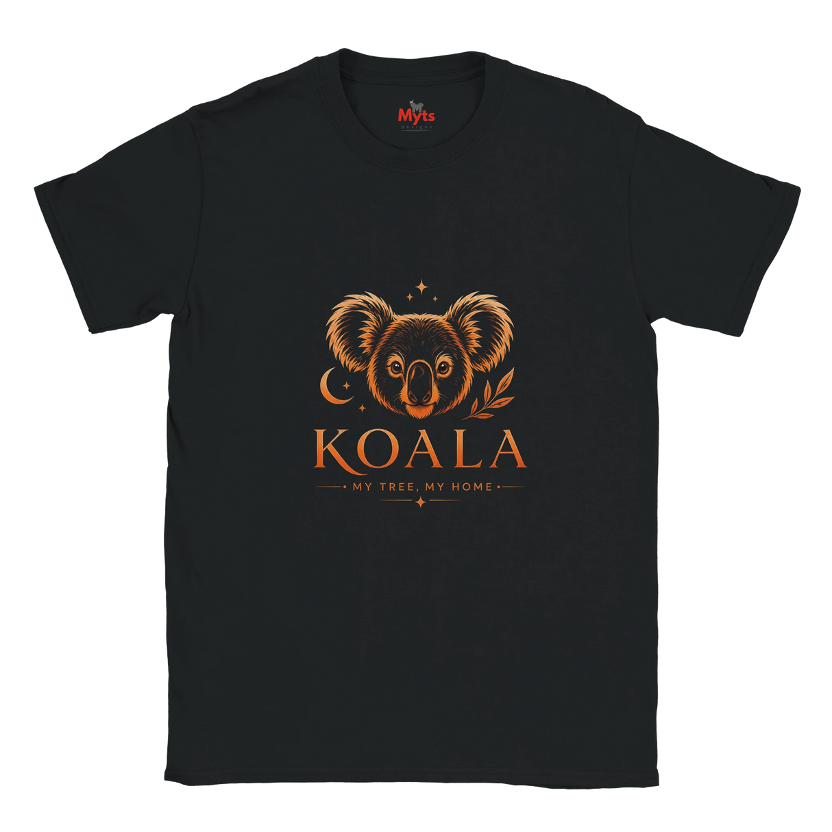 A black short-sleeve crewneck t-shirt featuring a graphic print of a koala face with a crescent moon and leaf motif, above the text 'KOALA' and 'MY TREE, MY HOME' in orange.