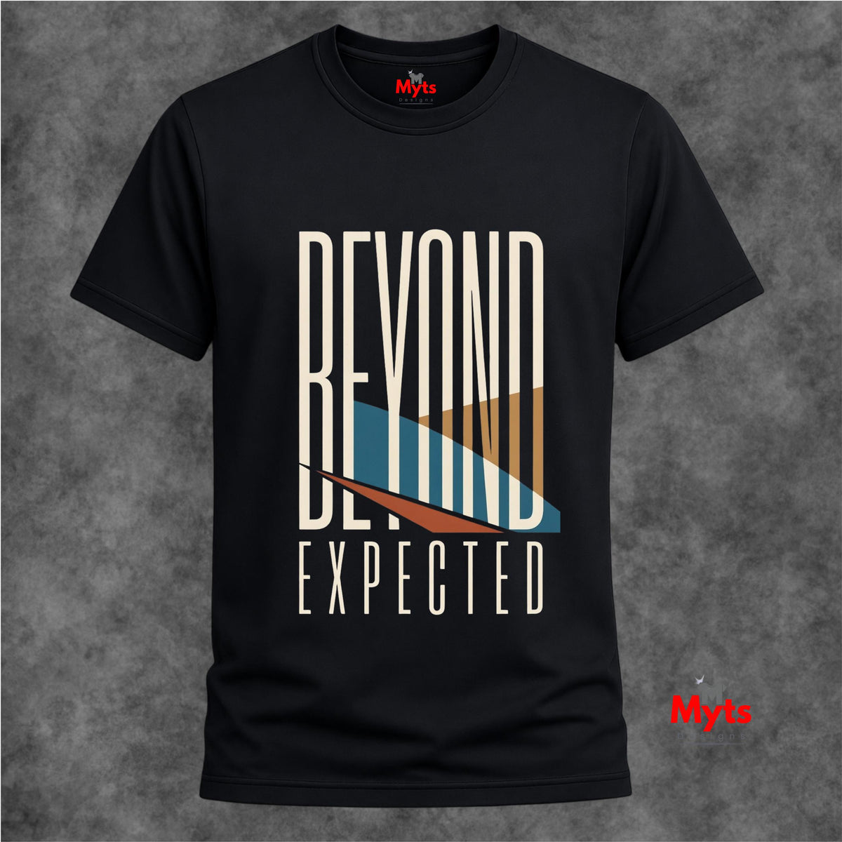 A black short-sleeve t-shirt with a graphic print reading 'BEYOND EXPECTED' in beige, blue, and brown, displayed on a textured gray background.