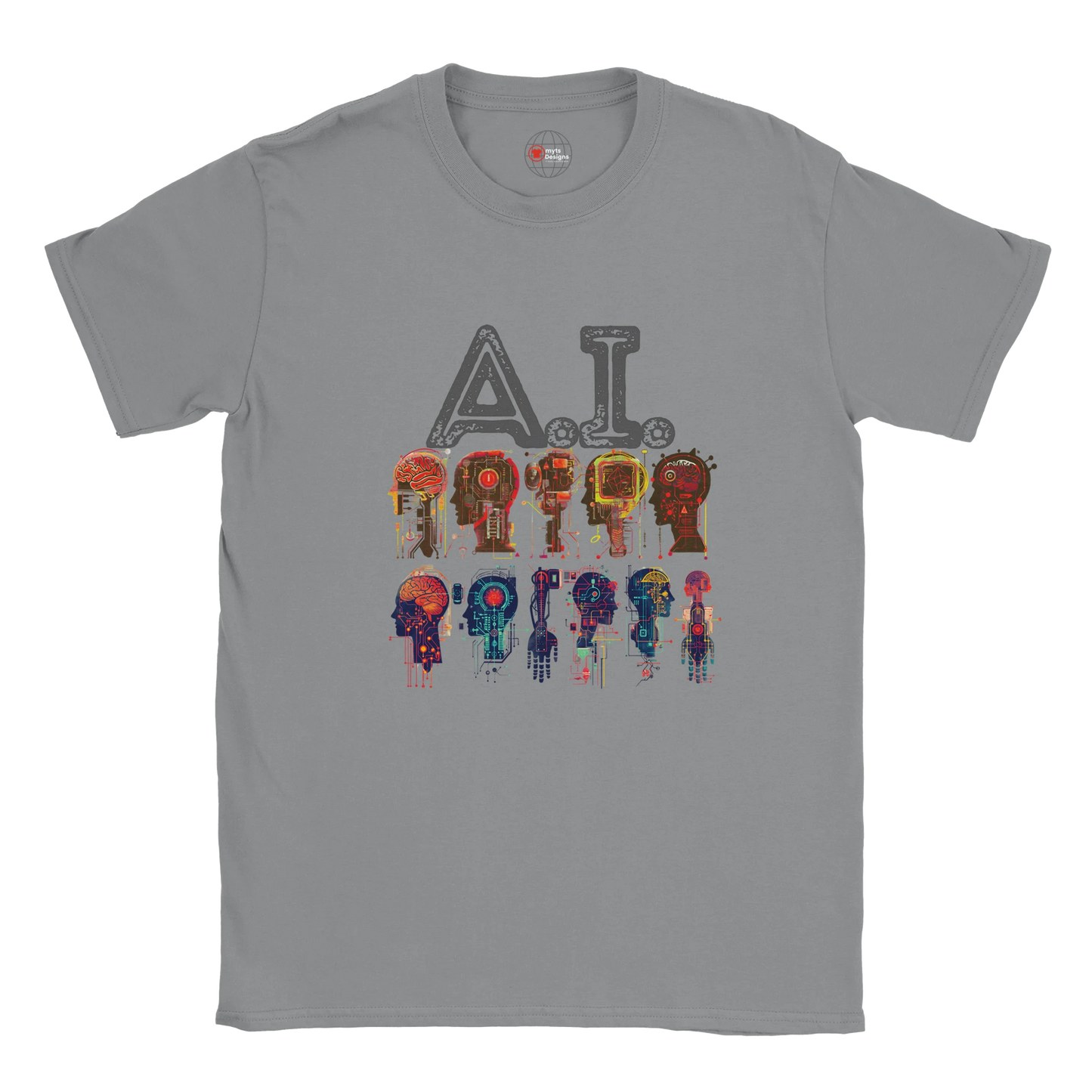 Gray t-shirt with colorful 'A.I. Drip' graphic design on a white background