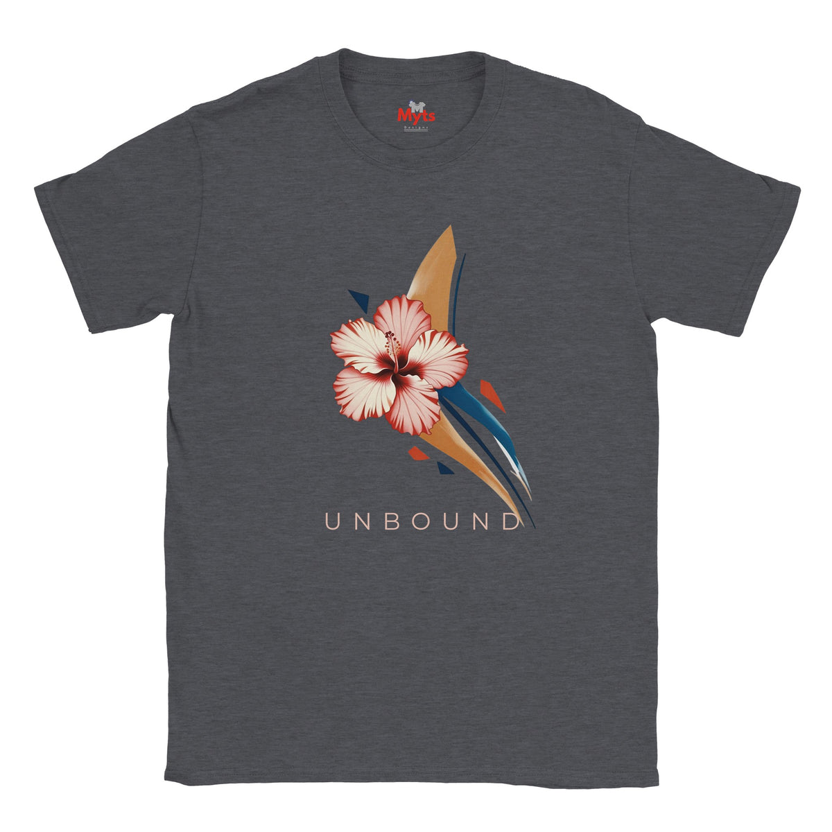 Dark Heather crew-neck T-shirt featuring the UNBOUND hibiscus flower graphic with soft pink petals and abstract accents.
