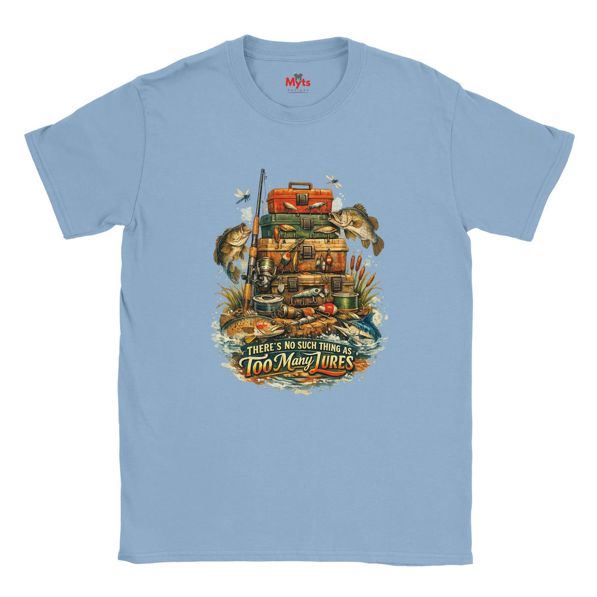 Light blue t-shirt with fishing-themed graphic and text on a white background