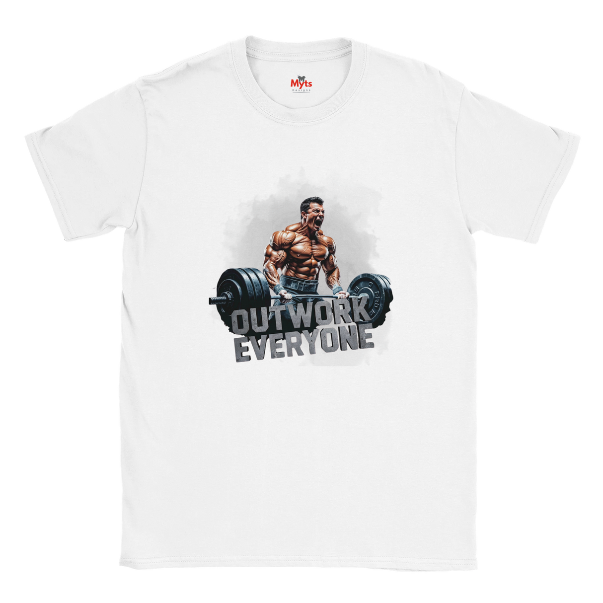 White t-shirt with a graphic of a muscular man lifting weights and text 'OUTWORK EVERYONE' on a white background.