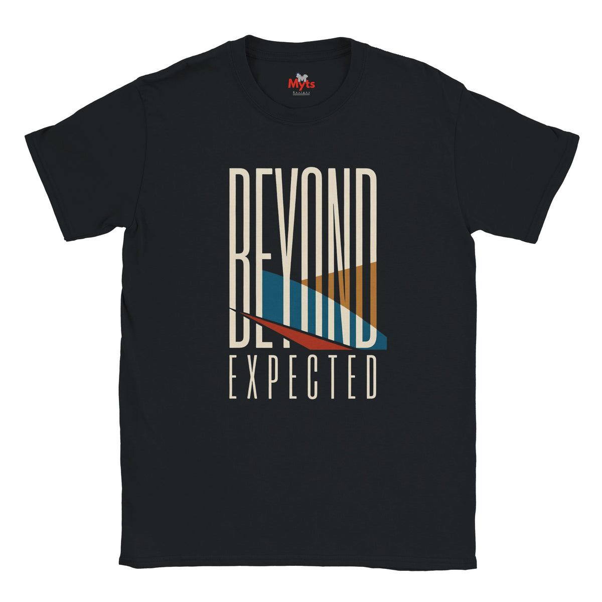 A navy blue short-sleeve t-shirt with a graphic print on the front reading 'BEYOND EXPECTED' in white, featuring a stylized surfboard design in cream, orange, teal, and red.