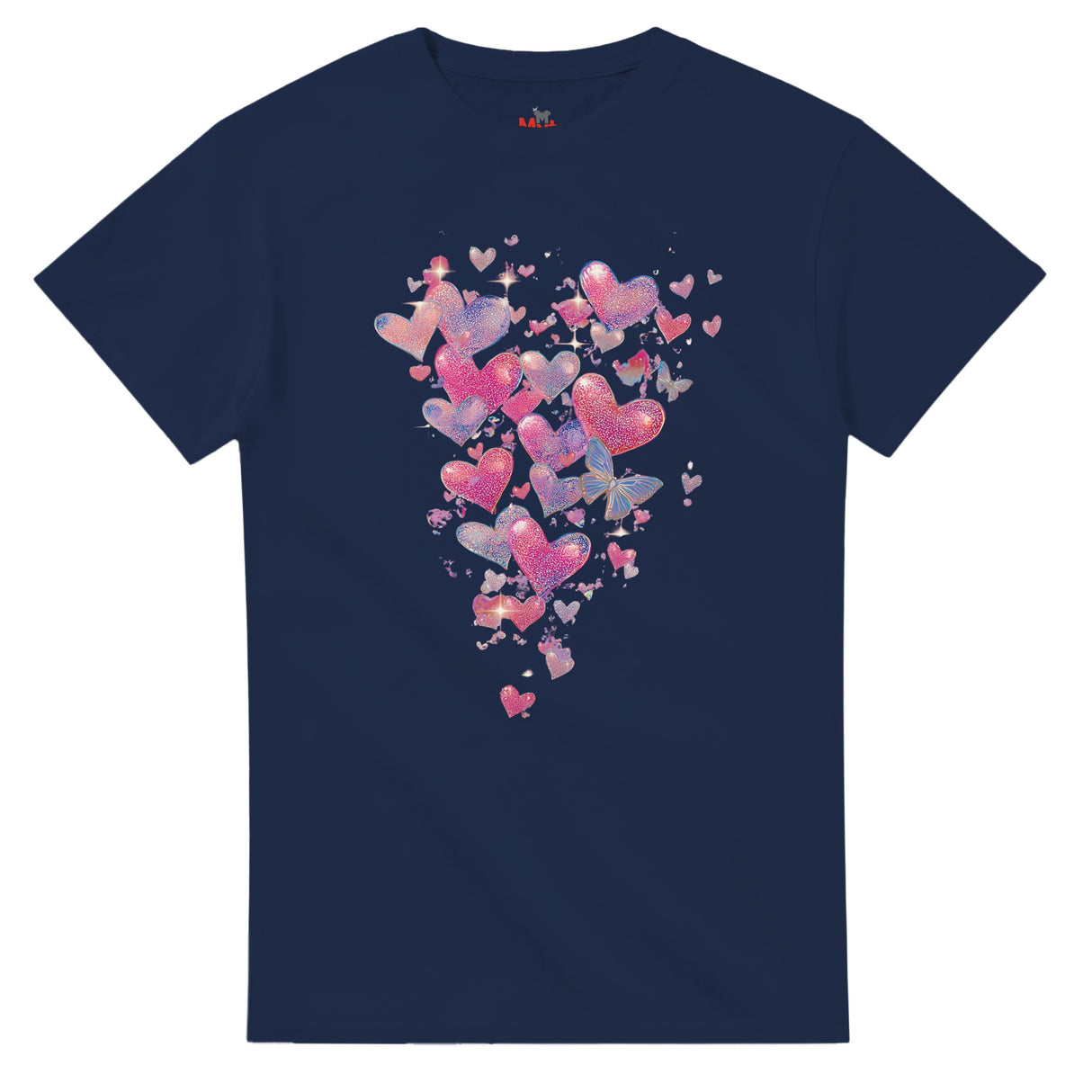 Navy blue t-shirt with colorful heart design on a white background