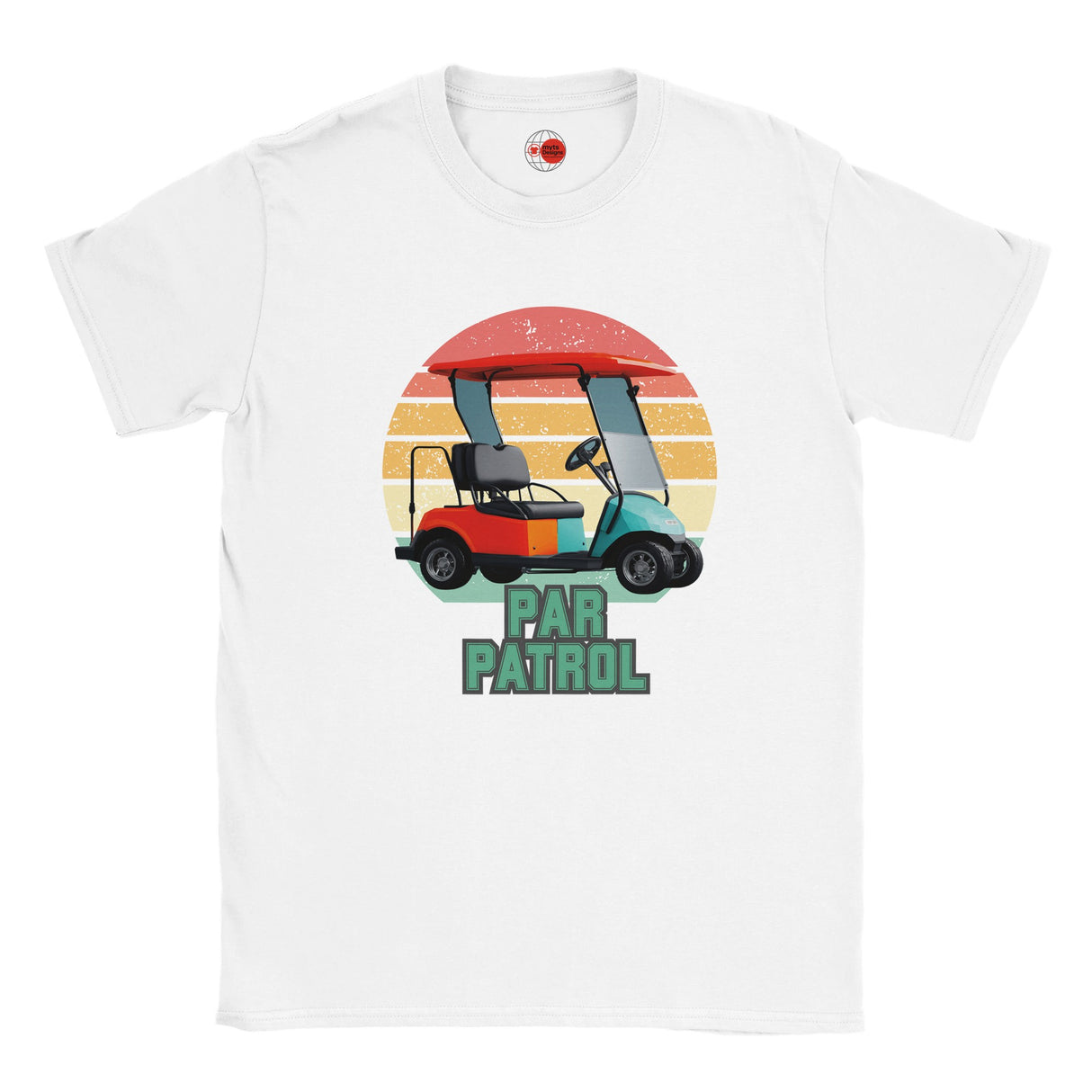 White t-shirt with a colorful golf cart graphic and 'Par Patrol' text on a white background
