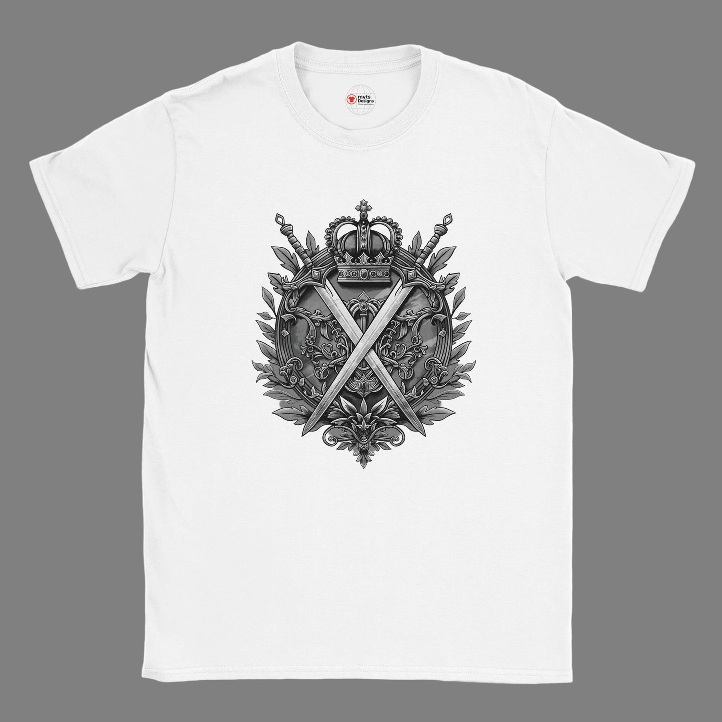 White t-shirt with a black emblem design on a white background