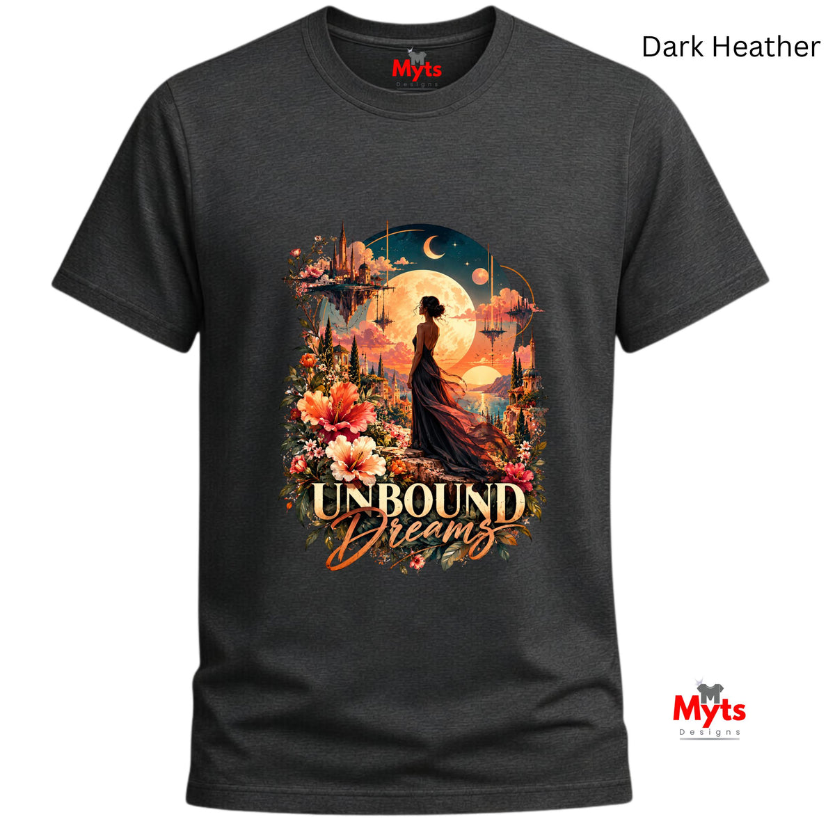 Dark Heather crew neck T-shirt featuring the Unbound Dreams fantasy moon and floral graphic design.