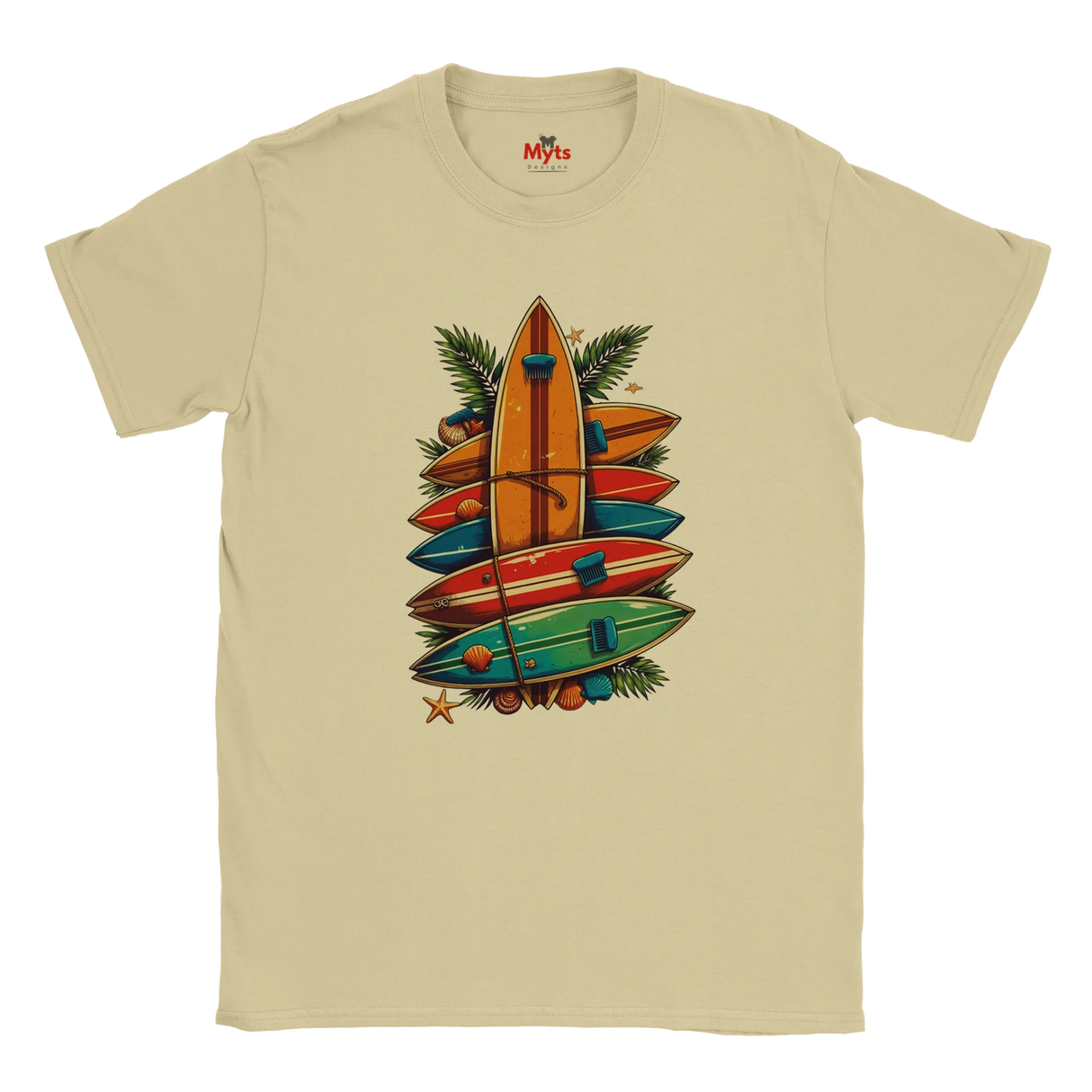 Sand t-shirt with colorful surfboard design on a white background