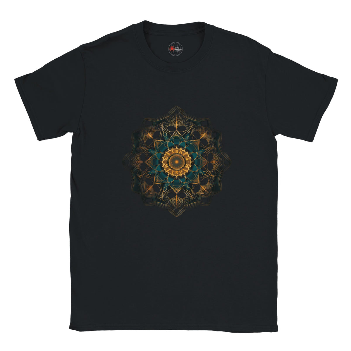 Black t-shirt with a geometric mandala design on a white background
