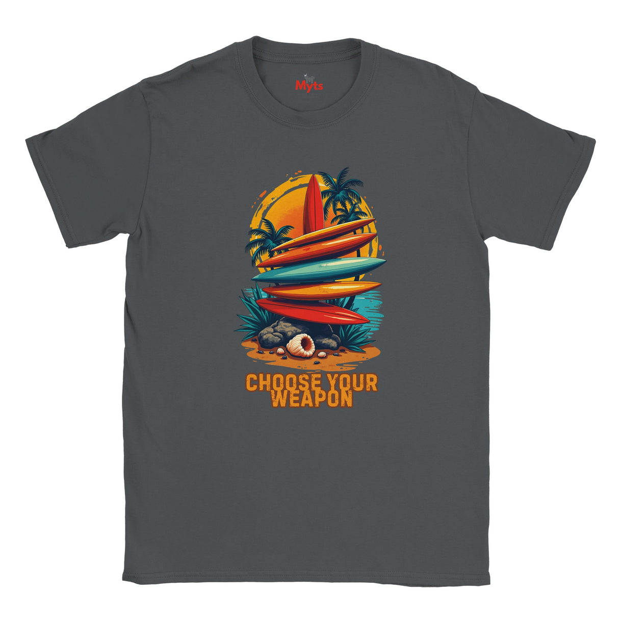 Dark Heather t-shirt with a colorful graphic of surfboards and a weapon, with text 'Choose Your Weapon' on a white background.
