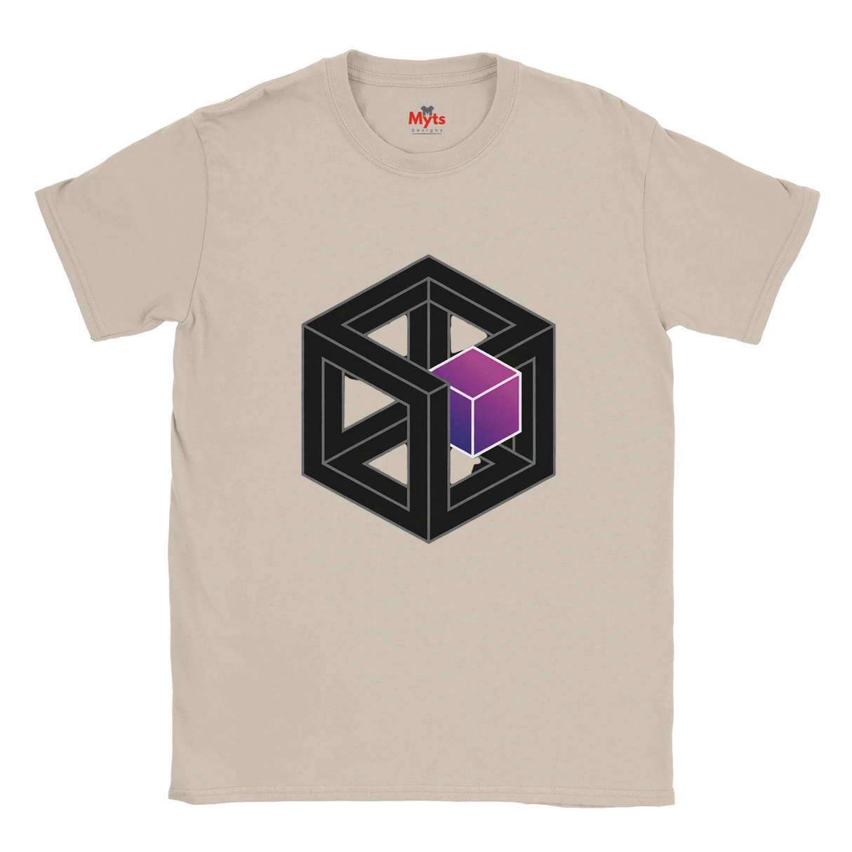 Natural t-shirt with geometric design and 'Myts' branding on a white background