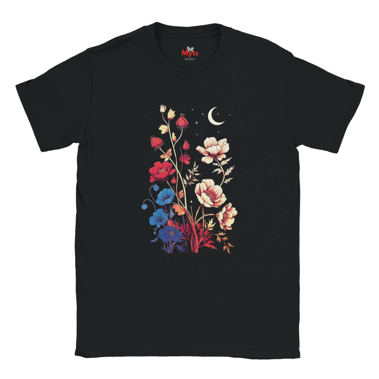 A black short-sleeve crewneck t-shirt featuring a colorful graphic print of stylized flowers, a crescent moon, and stars on the front, displayed against a solid white background.