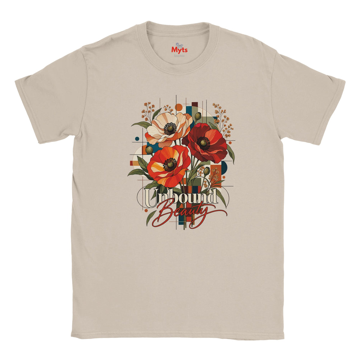 A Natural Unbound Beauty graphic T-shirt with red, orange and cream poppy flowers, geometric accents and retro typography.