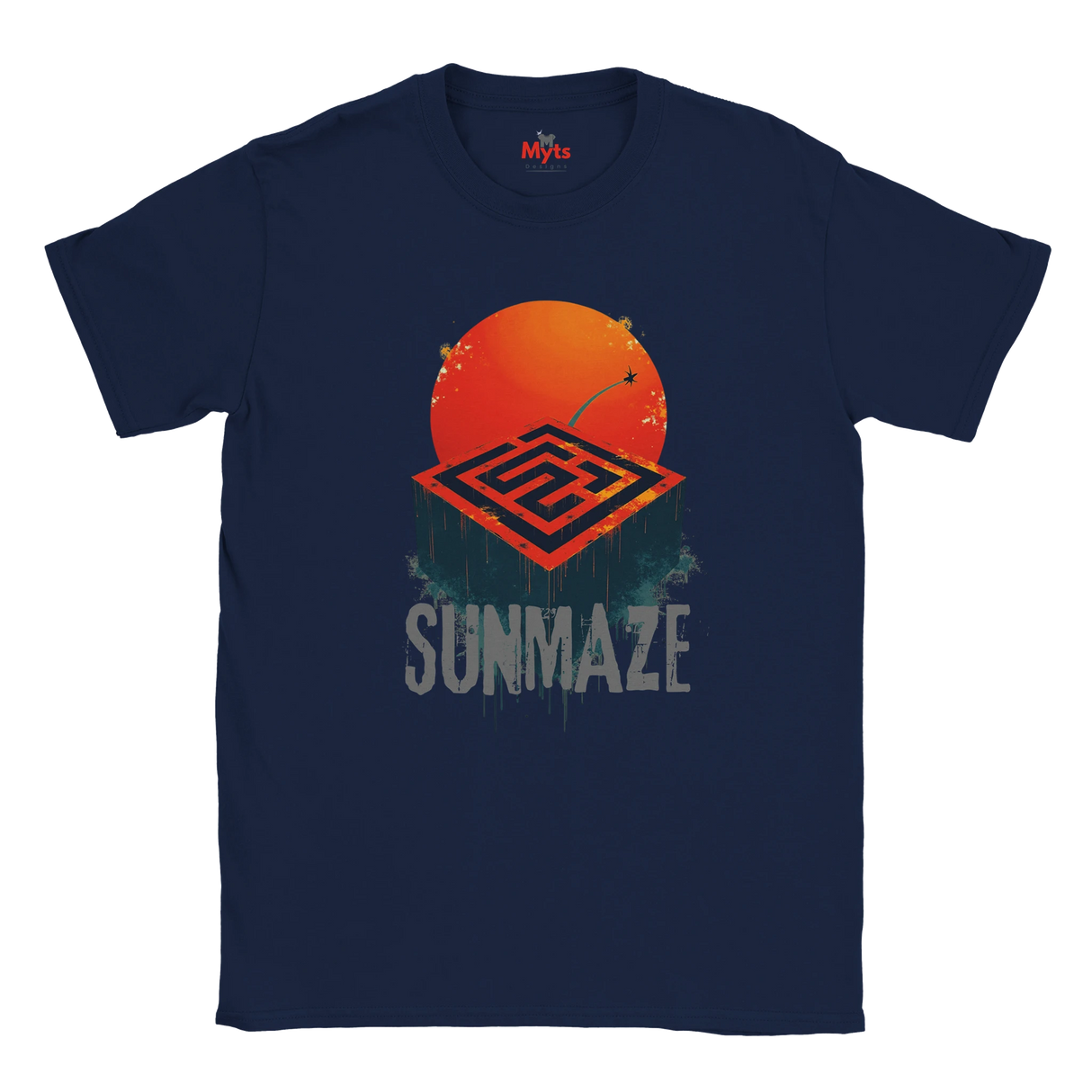 Navy blue t-shirt with 'Sunmaze' design featuring an orange sun and geometric pattern on a white background.