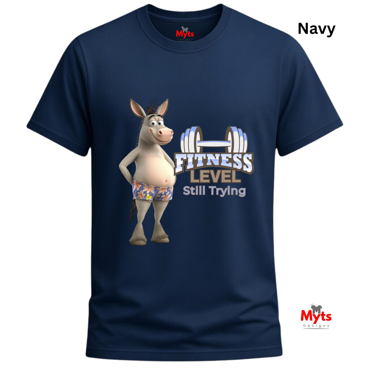 Navy blue unisex workout humour T-shirt with cartoon donkey and Fitness Level Still Trying front print.
