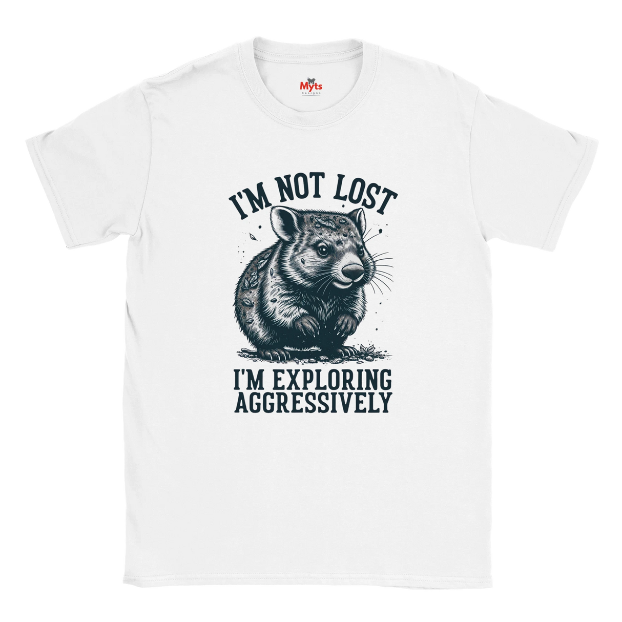 White t-shirt with a Wombat graphic and text on a white background
