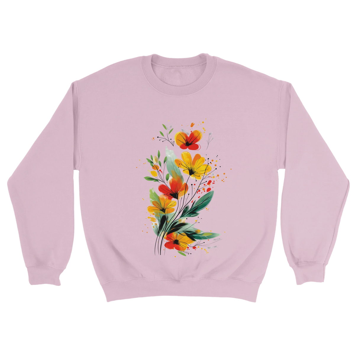 A light pink sweatshirt featuring an artistic watercolor floral design with red, yellow, and orange wildflowers accented by lush green leaves and delicate splatters.