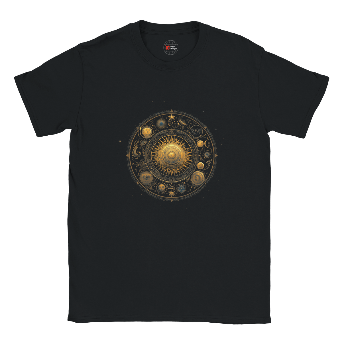 Black t-shirt with celestial design on a white background