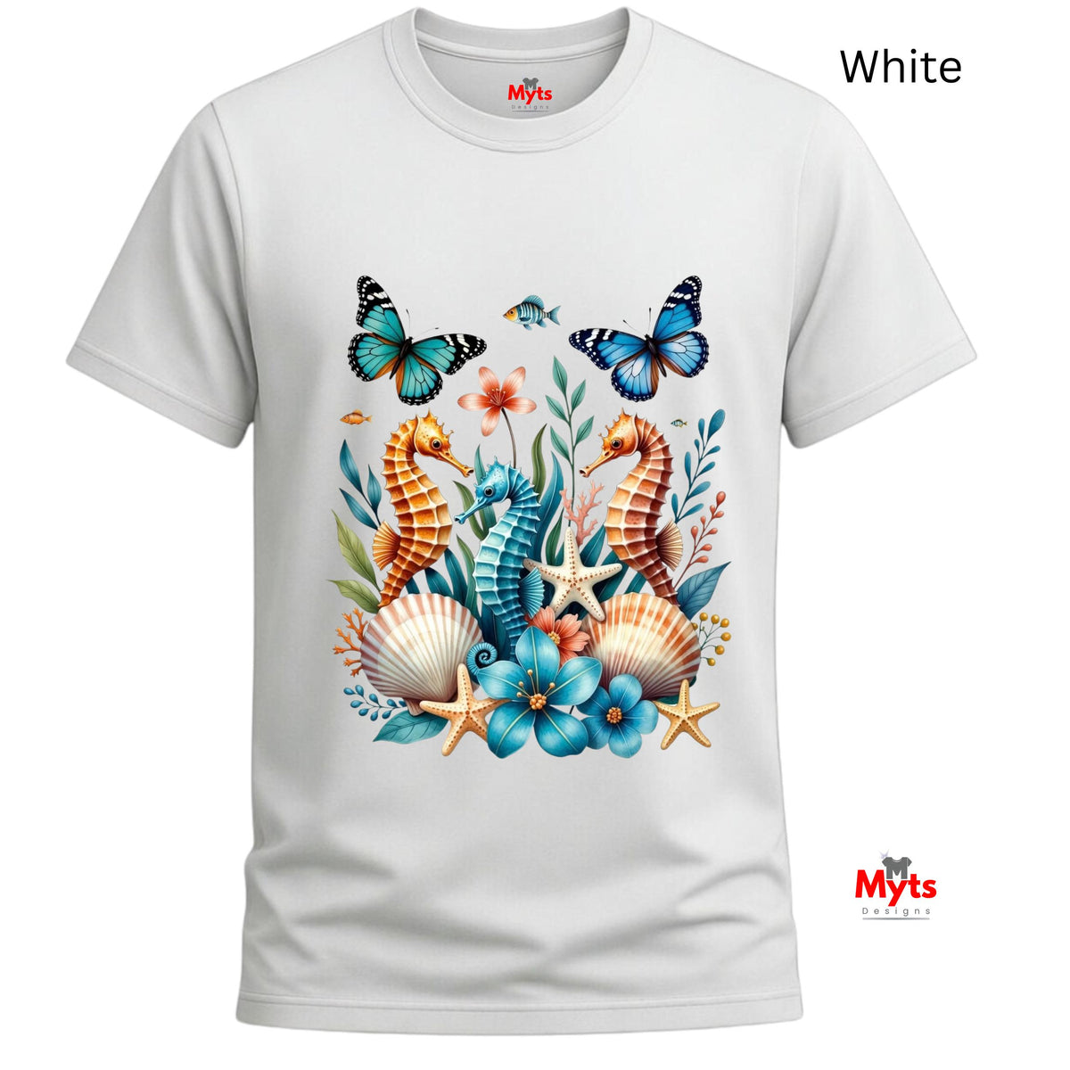 A white graphic T-shirt featuring three colourful seahorses, blue butterflies, tropical flowers, starfish and seashells in a vibrant ocean wildlife design.