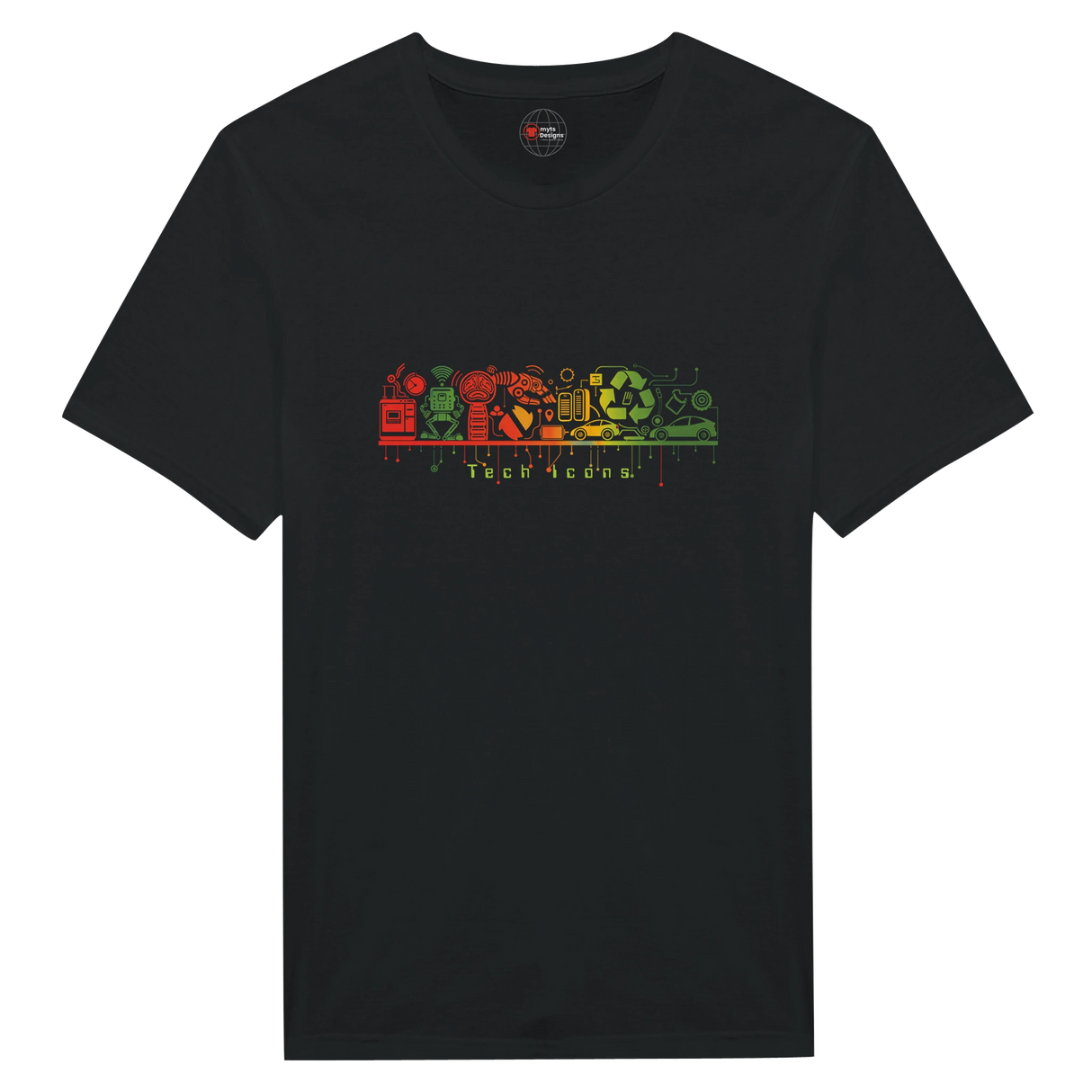 Black t-shirt with colorful graphic design on a white background