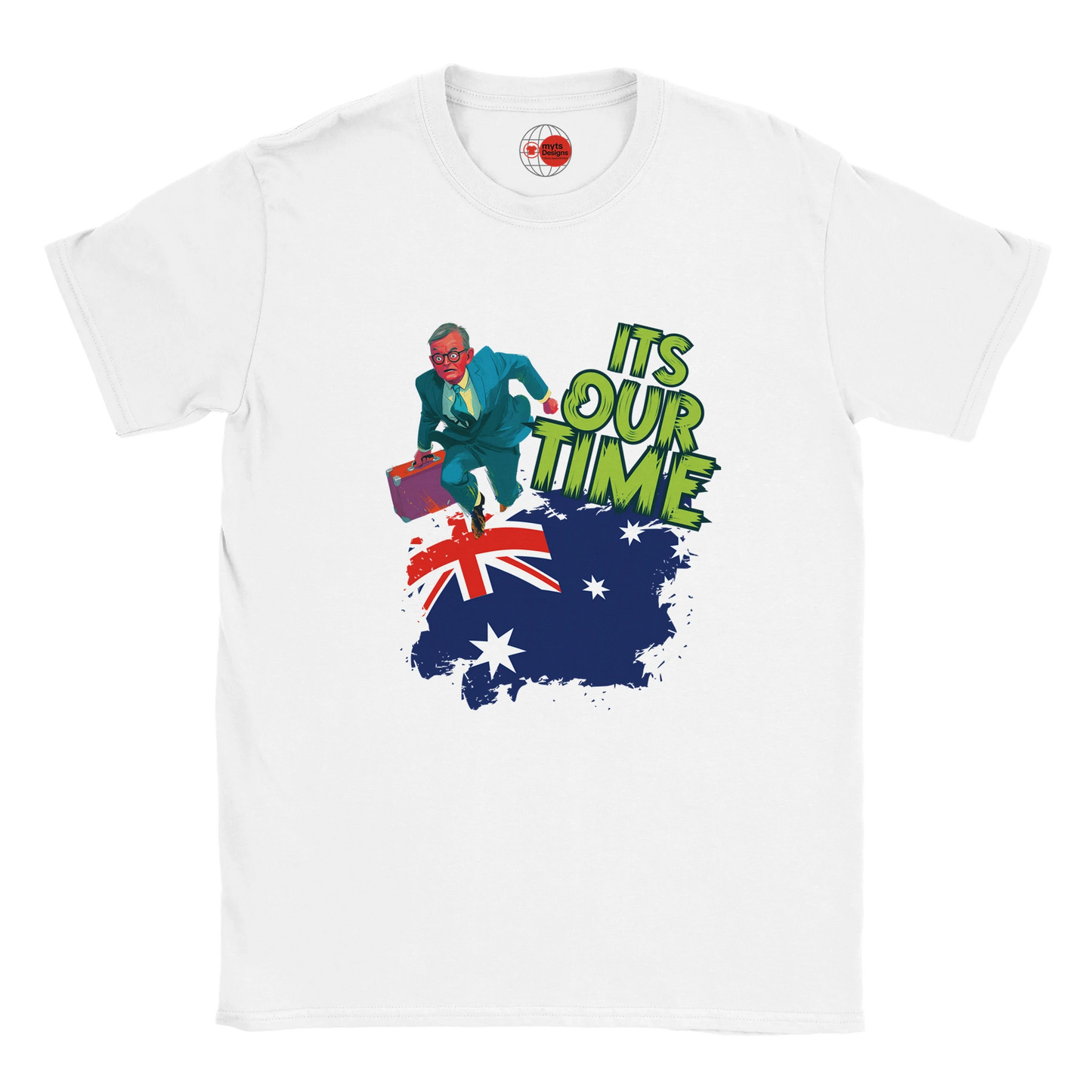 White t-shirt with a graphic design featuring a map of Australia, a flag, and text on a white background.